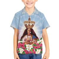 Guam Patroness Family Matching Off The Shoulder Long Sleeve Dress and Hawaiian Shirt The Legend Santa Marian Kamalen LT05 Son's Shirt Blue - Polynesian Pride