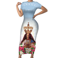 Guam Patroness Family Matching Short Sleeve Bodycon Dress and Hawaiian Shirt The Legend Santa Marian Kamalen LT05 Mom's Dress Blue - Polynesian Pride