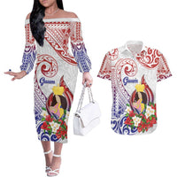 Happy Guam Santa Marian Kamalen Day Couples Matching Off The Shoulder Long Sleeve Dress and Hawaiian Shirt LT05 White - Polynesian Pride