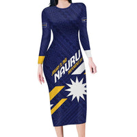 Personalised Happy Nauru Independence Day Family Matching Long Sleeve Bodycon Dress and Hawaiian Shirt Polynesian Pattern LT05 Mom's Dress Blue - Polynesian Pride