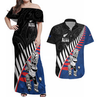Custom New Zealand Auckland Cricket Couples Matching Off Shoulder Maxi Dress and Hawaiian Shirt With Maori Pattern LT05 Blue - Polynesian Pride