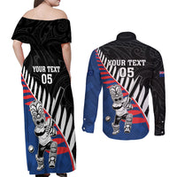 Custom New Zealand Auckland Cricket Couples Matching Off Shoulder Maxi Dress and Long Sleeve Button Shirt With Maori Pattern LT05 - Polynesian Pride