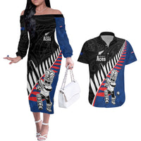 Custom New Zealand Auckland Cricket Couples Matching Off The Shoulder Long Sleeve Dress and Hawaiian Shirt With Maori Pattern LT05 Blue - Polynesian Pride