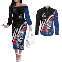 Custom New Zealand Auckland Cricket Couples Matching Off The Shoulder Long Sleeve Dress and Long Sleeve Button Shirt With Maori Pattern LT05 Blue - Polynesian Pride