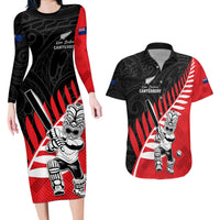 Custom New Zealand Canterbury Cricket Couples Matching Long Sleeve Bodycon Dress and Hawaiian Shirt With Maori Pattern LT05 Red - Polynesian Pride