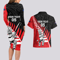 Custom New Zealand Canterbury Cricket Couples Matching Long Sleeve Bodycon Dress and Hawaiian Shirt With Maori Pattern LT05 - Polynesian Pride