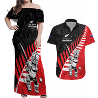 Custom New Zealand Canterbury Cricket Couples Matching Off Shoulder Maxi Dress and Hawaiian Shirt With Maori Pattern LT05 Red - Polynesian Pride