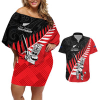 Custom New Zealand Canterbury Cricket Couples Matching Off Shoulder Short Dress and Hawaiian Shirt With Maori Pattern LT05 Red - Polynesian Pride
