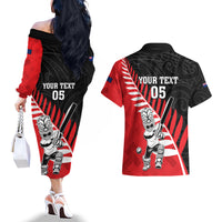 Custom New Zealand Canterbury Cricket Couples Matching Off The Shoulder Long Sleeve Dress and Hawaiian Shirt With Maori Pattern LT05 - Polynesian Pride