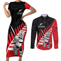 Custom New Zealand Canterbury Cricket Couples Matching Short Sleeve Bodycon Dress and Long Sleeve Button Shirt With Maori Pattern LT05 Red - Polynesian Pride