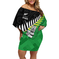 Custom New Zealand Central Districts Cricket Family Matching Off Shoulder Short Dress and Hawaiian Shirt With Maori Pattern LT05 Mom's Dress Green - Polynesian Pride