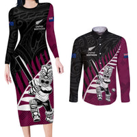 Custom New Zealand Northern Districts Cricket Couples Matching Long Sleeve Bodycon Dress and Long Sleeve Button Shirt With Maori Pattern LT05 Maroon - Polynesian Pride