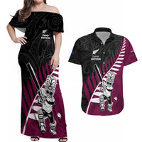 Custom New Zealand Northern Districts Cricket Couples Matching Off Shoulder Maxi Dress and Hawaiian Shirt With Maori Pattern LT05 Maroon - Polynesian Pride