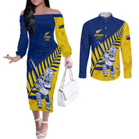 Custom New Zealand Otago Cricket Couples Matching Off The Shoulder Long Sleeve Dress and Long Sleeve Button Shirt With Maori Pattern LT05 Yellow - Polynesian Pride