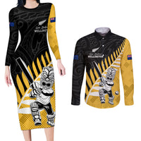 Custom New Zealand Wellington Cricket Couples Matching Long Sleeve Bodycon Dress and Long Sleeve Button Shirt With Maori Pattern LT05 Yellow - Polynesian Pride