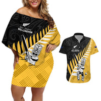 Custom New Zealand Wellington Cricket Couples Matching Off Shoulder Short Dress and Hawaiian Shirt With Maori Pattern LT05 Yellow - Polynesian Pride