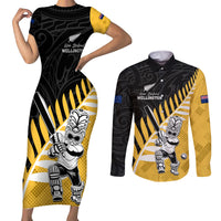 Custom New Zealand Wellington Cricket Couples Matching Short Sleeve Bodycon Dress and Long Sleeve Button Shirt With Maori Pattern LT05 Yellow - Polynesian Pride