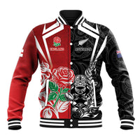 New Zealand And England Rugby Custom Baseball Jacket Maori Tiki With Red Rose Together