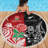 New Zealand And England Rugby Beach Blanket Maori Tiki With Red Rose Together LT05 - Polynesian Pride