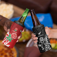 New Zealand And England Rugby Custom 4 in 1 Can Cooler Tumbler Maori Tiki With Red Rose Together