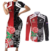 New Zealand And England Rugby Custom Couples Matching Short Sleeve Bodycon Dress and Long Sleeve Button Shirt Maori Tiki With Red Rose Together