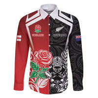 New Zealand And England Rugby Custom Family Matching Mermaid Dress and Hawaiian Shirt Maori Tiki With Red Rose Together LT05 Dad's Shirt - Long Sleeve Red - Polynesian Pride