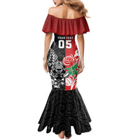 New Zealand And England Rugby Custom Family Matching Mermaid Dress and Hawaiian Shirt Maori Tiki With Red Rose Together LT05 - Polynesian Pride