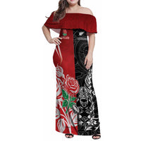 New Zealand And England Rugby Custom Family Matching Off Shoulder Maxi Dress and Hawaiian Shirt Maori Tiki With Red Rose Together LT05 Mom's Dress Red - Polynesian Pride