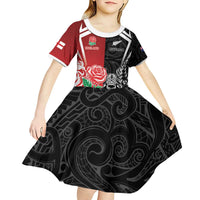 New Zealand And England Rugby Custom Kid Short Sleeve Dress Maori Tiki With Red Rose Together LT05 - Polynesian Pride