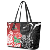 New Zealand And England Rugby Leather Tote Bag Maori Tiki With Red Rose Together LT05 - Polynesian Pride