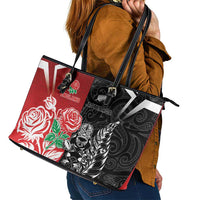 New Zealand And England Rugby Leather Tote Bag Maori Tiki With Red Rose Together LT05 - Polynesian Pride