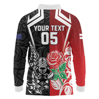 New Zealand And England Rugby Custom Long Sleeve Polo Shirt Maori Tiki With Red Rose Together LT05 - Polynesian Pride