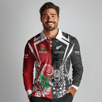New Zealand And England Rugby Custom Long Sleeve Polo Shirt Maori Tiki With Red Rose Together LT05 - Polynesian Pride