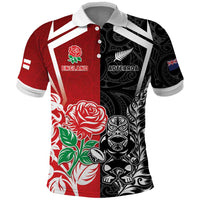 New Zealand And England Rugby Custom Polo Shirt Maori Tiki With Red Rose Together
