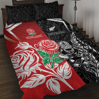 New Zealand And England Rugby Quilt Bed Set Maori Tiki With Red Rose Together LT05 Red - Polynesian Pride