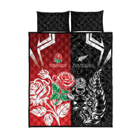New Zealand And England Rugby Quilt Bed Set Maori Tiki With Red Rose Together LT05 - Polynesian Pride