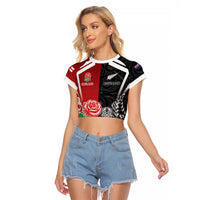 New Zealand And England Rugby Custom Raglan Cropped T Shirt Maori Tiki With Red Rose Together LT05 Female Red - Polynesian Pride