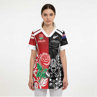 New Zealand And England Rugby Custom Scrub Top Maori Tiki With Red Rose Together LT05 - Polynesian Pride