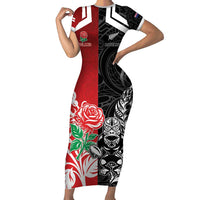 New Zealand And England Rugby Custom Short Sleeve Bodycon Dress Maori Tiki With Red Rose Together LT05 Long Dress Red - Polynesian Pride