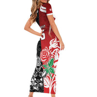 New Zealand And England Rugby Custom Short Sleeve Bodycon Dress Maori Tiki With Red Rose Together LT05 - Polynesian Pride