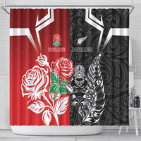 New Zealand And England Rugby Shower Curtain Maori Tiki With Red Rose Together LT05 - Polynesian Pride