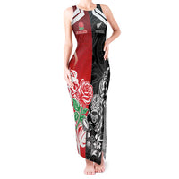 New Zealand And England Rugby Custom Tank Maxi Dress Maori Tiki With Red Rose Together LT05 Women Red - Polynesian Pride