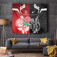 New Zealand And England Rugby Tapestry Maori Tiki With Red Rose Together LT05 Red - Polynesian Pride