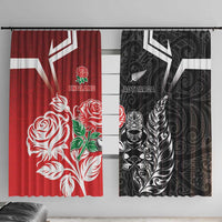 New Zealand And England Rugby Window Curtain Maori Tiki With Red Rose Together LT05 With Hooks Red - Polynesian Pride