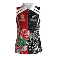 New Zealand And England Rugby Custom Women Sleeveless Polo Shirt Maori Tiki With Red Rose Together LT05 Female Red - Polynesian Pride