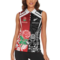 New Zealand And England Rugby Custom Women Sleeveless Polo Shirt Maori Tiki With Red Rose Together LT05 - Polynesian Pride
