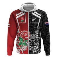New Zealand And England Rugby Custom Zip Hoodie Maori Tiki With Red Rose Together LT05 Zip Hoodie Red - Polynesian Pride