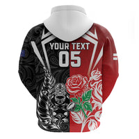 New Zealand And England Rugby Custom Zip Hoodie Maori Tiki With Red Rose Together LT05 - Polynesian Pride