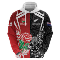 New Zealand And England Rugby Custom Zip Hoodie Maori Tiki With Red Rose Together LT05 - Polynesian Pride