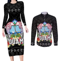 Guam Chamorro Couples Matching Long Sleeve Bodycon Dress and Long Sleeve Button Shirt Tribal Latte Stone With Dolphins Black LT05 Black - Polynesian Pride